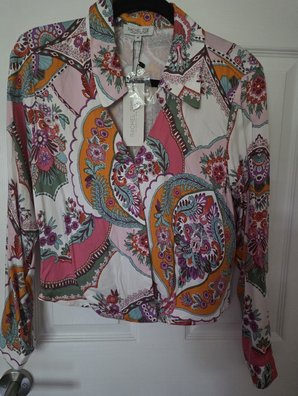 Rachel Zoe Pink Orange Green Paisley Faux Wrap long Sleeve Blouse Size M